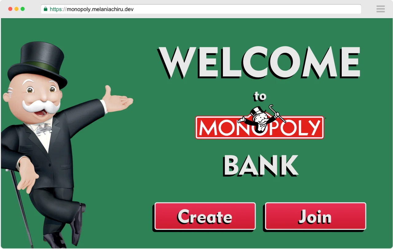 Homepage of 'Monopoly Virtual Bank' App